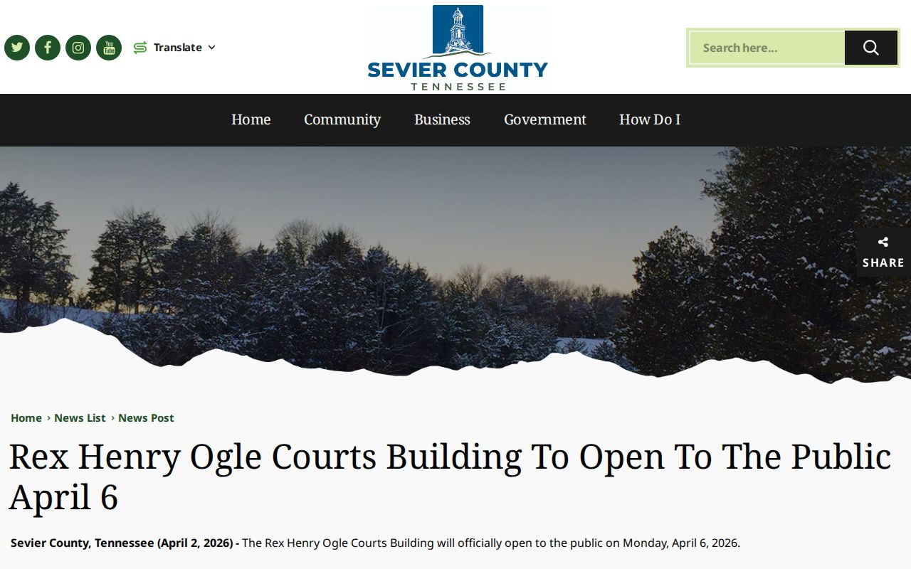 Sevier County notice for the opening of the Rex Henry Ogle Courts Building