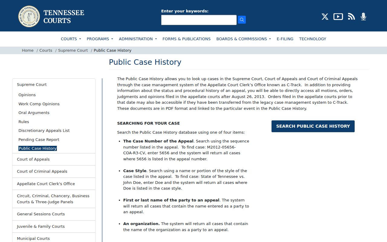 Tennessee appellate coverage notice for a Sevier County case search