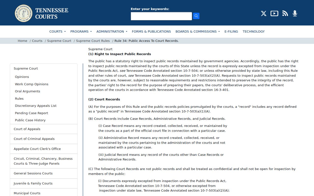 Tennessee Rule 34 governing Sevier County court records access