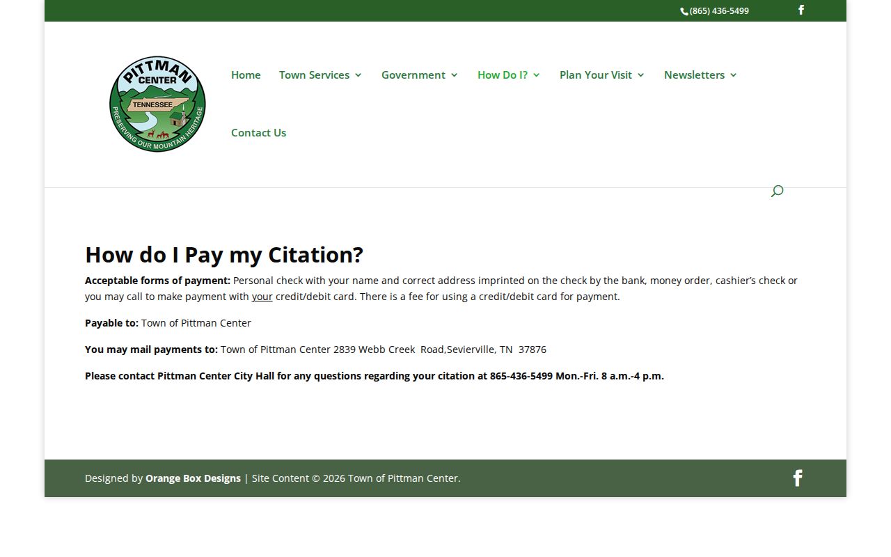 Pittman Center citation payment instructions by mail and phone